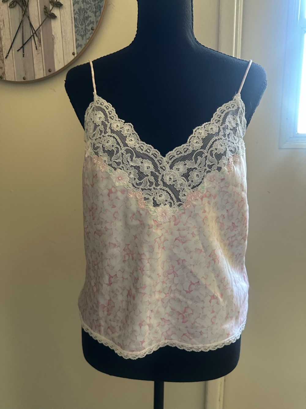 Vintage Lace Trim Floral Satin Cami Tank - Blush & White